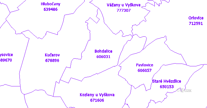 Katastrální mapa Bohdalice - přehledová mapa katastrálního území