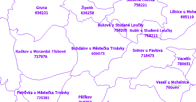 Katastrální mapa Bohdalov u Městečka Trnávky - přehledová mapa katastrálního území