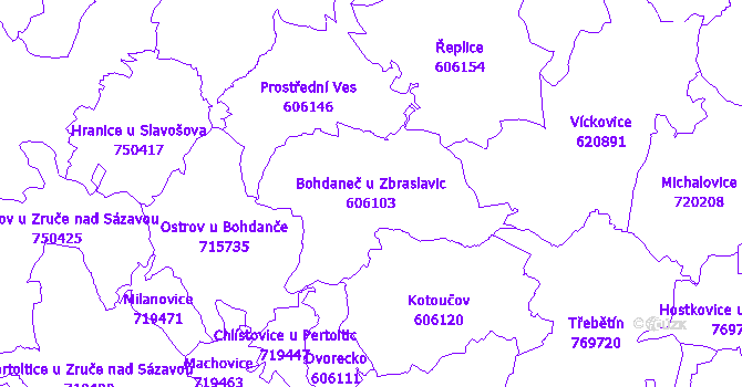 Katastrální mapa Bohdaneč u Zbraslavic - přehledová mapa katastrálního území