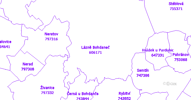 Katastrální mapa Lázně Bohdaneč - přehledová mapa katastrálního území