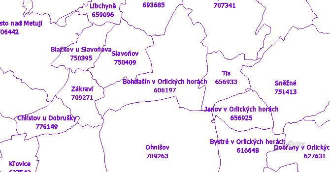 Katastrální mapa Bohdašín v Orlických horách - přehledová mapa katastrálního území