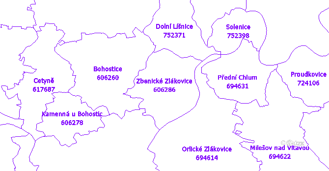 Katastrální mapa Zbenické Zlákovice - přehledová mapa katastrálního území