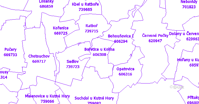 Katastrální mapa Bořetice u Kolína - přehledová mapa katastrálního území