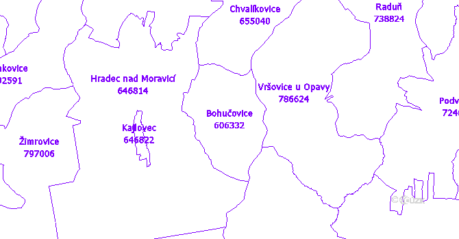 Katastrální mapa Bohučovice - přehledová mapa katastrálního území