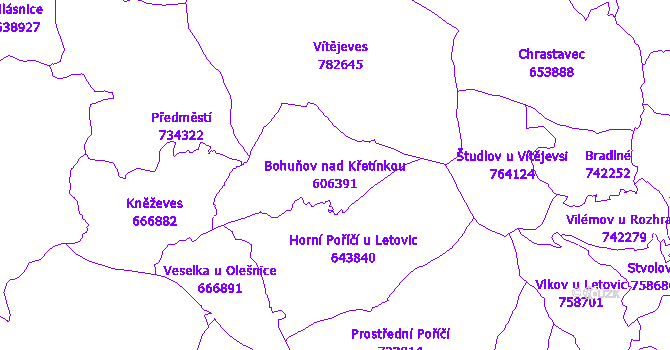 Katastrální mapa Bohuňov nad Křetínkou - přehledová mapa katastrálního území