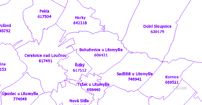 Katastrální mapa Bohuňovice u Litomyšle - přehledová mapa katastrálního území