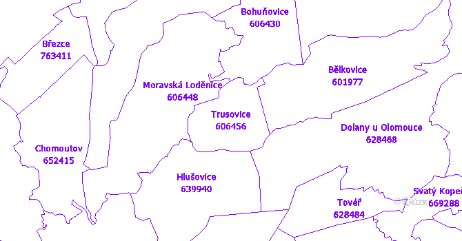 Katastrální mapa Trusovice - přehledová mapa katastrálního území