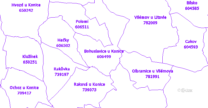 Katastrální mapa Bohuslavice u Konice - přehledová mapa katastrálního území