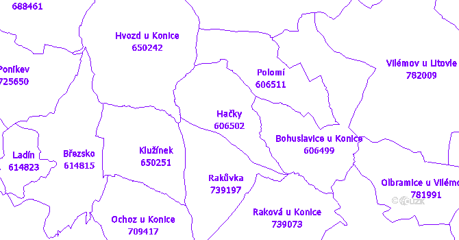 Katastrální mapa Hačky - přehledová mapa katastrálního území
