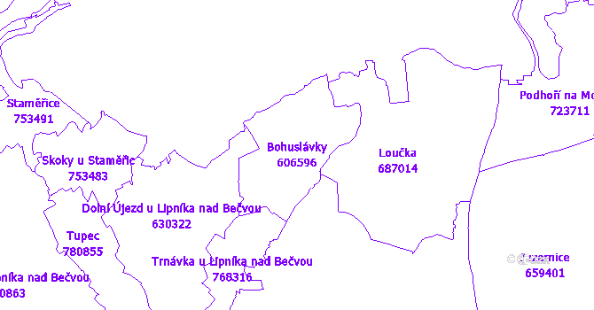 Katastrální mapa Bohuslávky - přehledová mapa katastrálního území