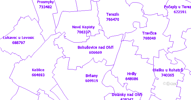 Katastrální mapa Bohušovice nad Ohří - přehledová mapa katastrálního území