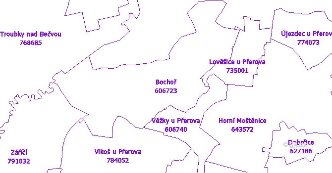 Katastrální mapa Bochoř - přehledová mapa katastrálního území