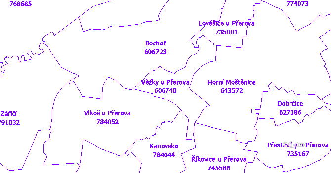 Katastrální mapa Věžky u Přerova - přehledová mapa katastrálního území