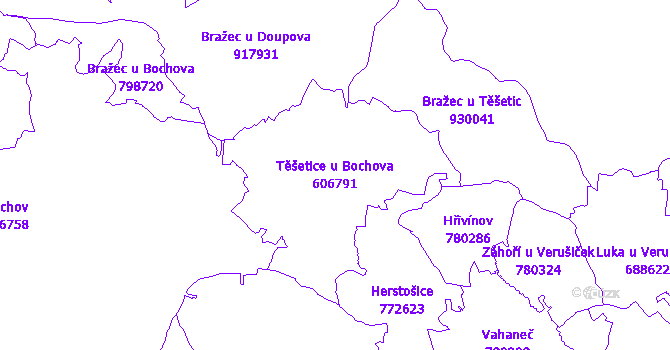 Katastrální mapa Těšetice u Bochova - přehledová mapa katastrálního území