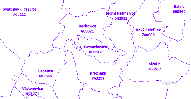 Katastrální mapa Batouchovice - přehledová mapa katastrálního území