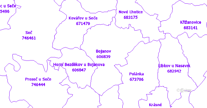 Katastrální mapa Bojanov - přehledová mapa katastrálního území