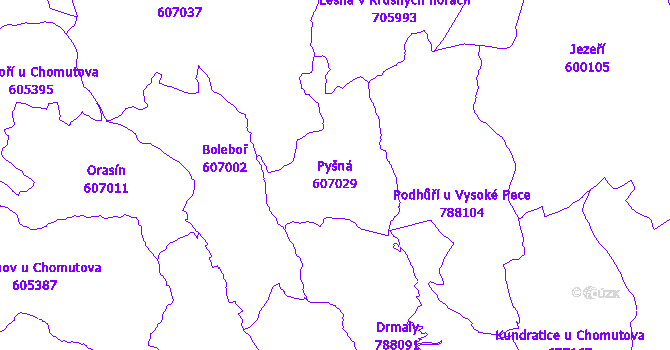 Katastrální mapa Pyšná - přehledová mapa katastrálního území