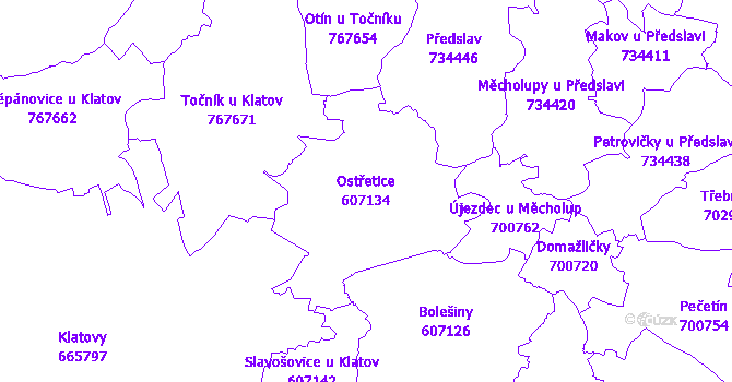 Katastrální mapa Ostřetice - přehledová mapa katastrálního území
