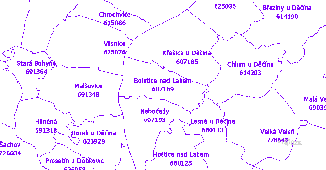 Katastrální mapa Boletice nad Labem - přehledová mapa katastrálního území