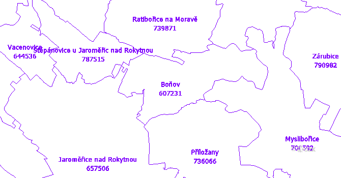 Katastrální mapa Boňov - přehledová mapa katastrálního území