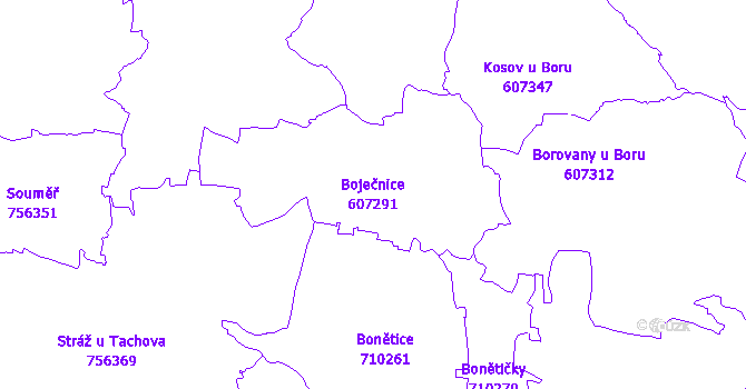 Katastrální mapa Boječnice - přehledová mapa katastrálního území