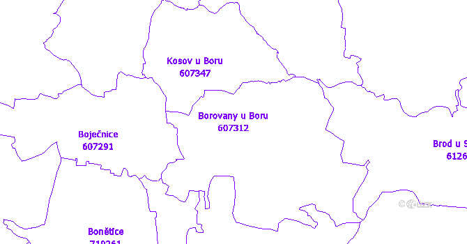 Katastrální mapa Borovany u Boru - přehledová mapa katastrálního území