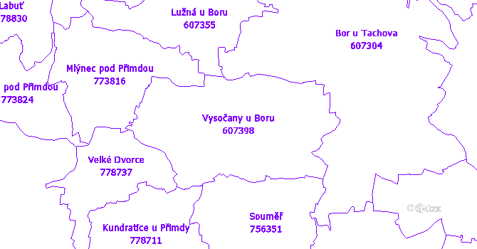 Katastrální mapa Vysočany u Boru - přehledová mapa katastrálního území