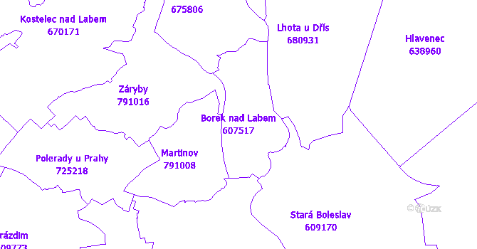 Katastrální mapa Borek nad Labem - přehledová mapa katastrálního území