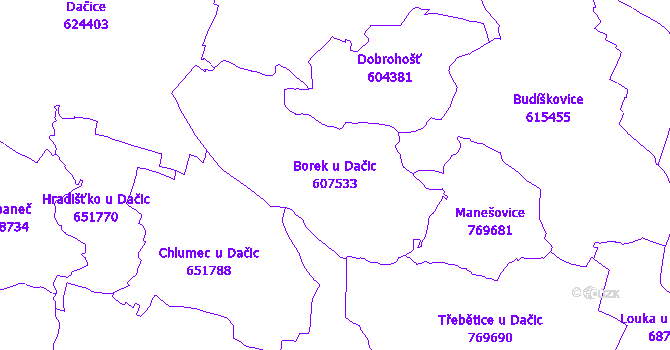 Katastrální mapa Borek u Dačic - přehledová mapa katastrálního území