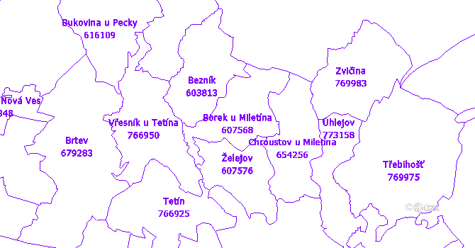 Katastrální mapa Borek u Miletína - přehledová mapa katastrálního území