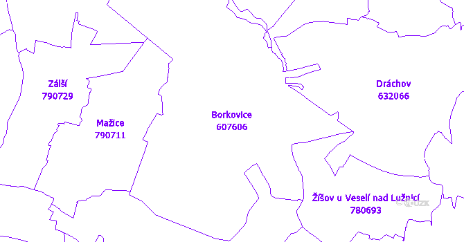Katastrální mapa Borkovice - přehledová mapa katastrálního území