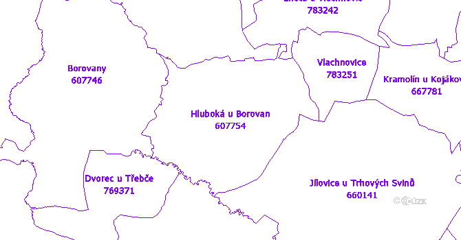 Katastrální mapa Hluboká u Borovan - přehledová mapa katastrálního území