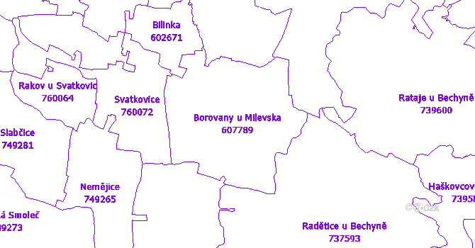 Katastrální mapa Borovany u Milevska - přehledová mapa katastrálního území