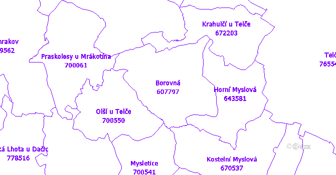 Katastrální mapa Borovná - přehledová mapa katastrálního území