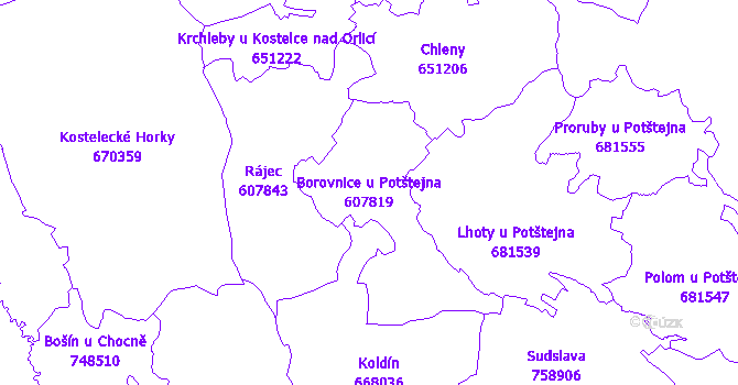 Katastrální mapa Borovnice u Potštejna - přehledová mapa katastrálního území