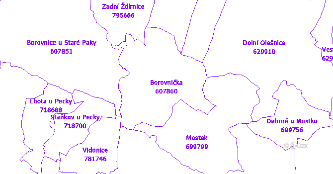 Katastrální mapa Borovnička - přehledová mapa katastrálního území