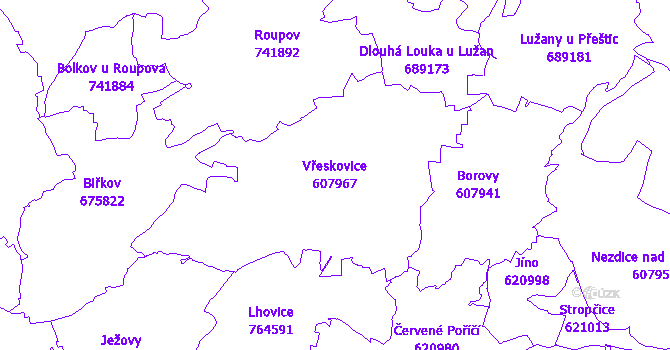 Katastrální mapa Vřeskovice - přehledová mapa katastrálního území