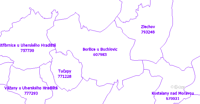Katastrální mapa Boršice u Buchlovic - přehledová mapa katastrálního území