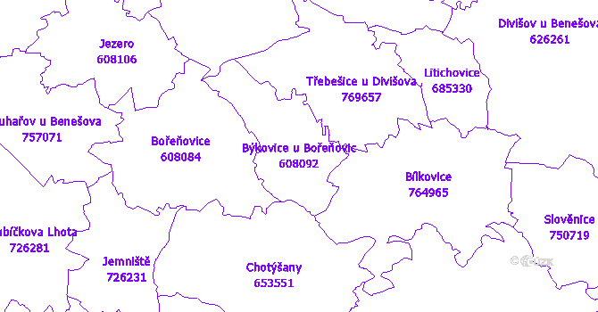 Katastrální mapa Býkovice u Bořeňovic - přehledová mapa katastrálního území