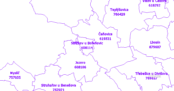 Katastrální mapa Střížkov u Bořeňovic - přehledová mapa katastrálního území