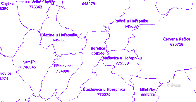 Katastrální mapa Bořetice - přehledová mapa katastrálního území