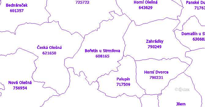 Katastrální mapa Bořetín u Strmilova - přehledová mapa katastrálního území