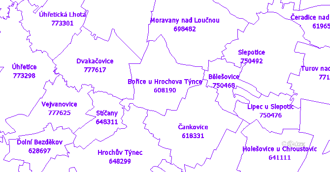 Katastrální mapa Bořice u Hrochova Týnce - přehledová mapa katastrálního území