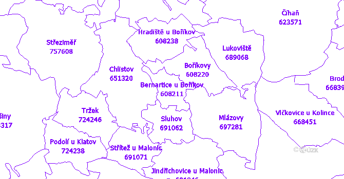 Katastrální mapa Bernartice u Boříkov - přehledová mapa katastrálního území