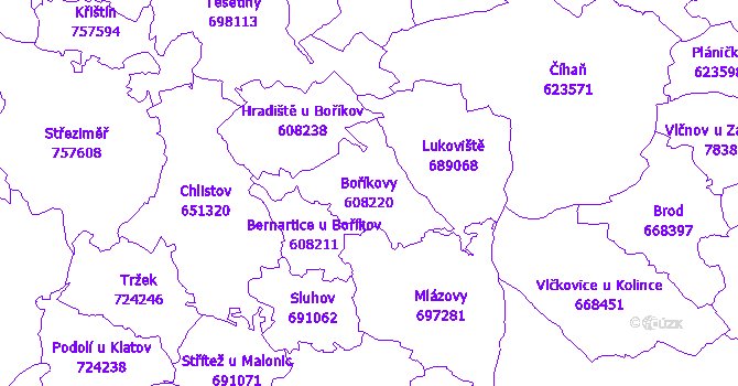 Katastrální mapa Boříkovy - přehledová mapa katastrálního území