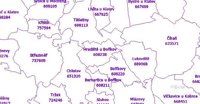 Katastrální mapa Hradiště u Boříkov - přehledová mapa katastrálního území