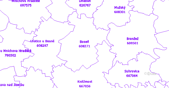 Katastrální mapa Boseň - přehledová mapa katastrálního území