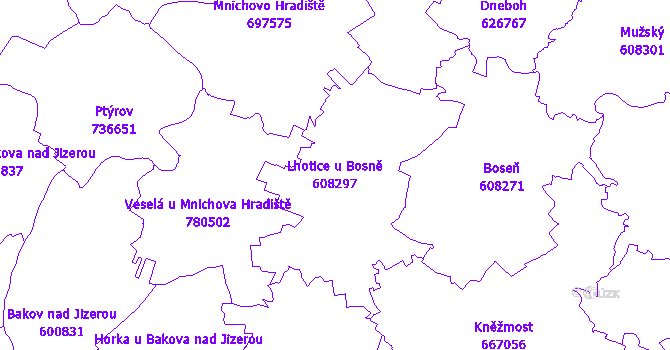 Katastrální mapa Lhotice u Bosně - přehledová mapa katastrálního území