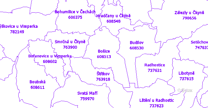 Katastrální mapa Bošice - přehledová mapa katastrálního území