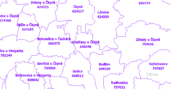 Katastrální mapa Hradčany u Čkyně - přehledová mapa katastrálního území